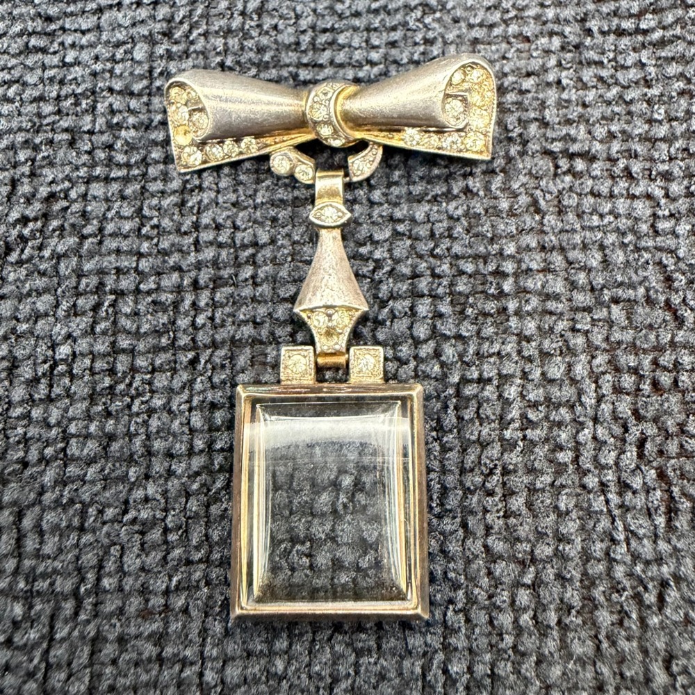 Vintage Sterling Silver Bow Brooch Clear Rhinestone Glass Pendant 2 " READ